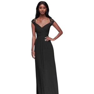 Davids Bridal Black Lace Cap Sleeve Empire Maxi Dress Size 16 Formal RW10326